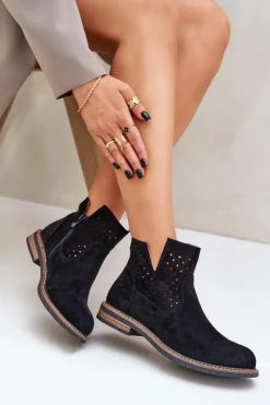 Discount Boto Botki Na Płaskim Obcasie Z Ażurową Cholewką Czarne Elivaya