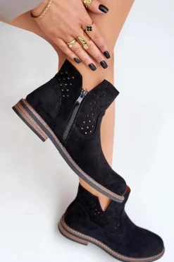 Discount Boto Botki Na Płaskim Obcasie Z Ażurową Cholewką Czarne Elivaya
