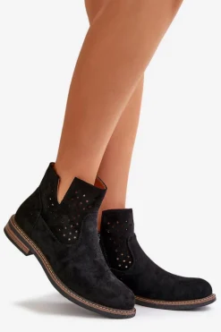 Discount Boto Botki Na Płaskim Obcasie Z Ażurową Cholewką Czarne Elivaya