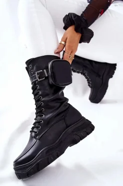 Hot Botki Na Platformie Z Nerką Czarne Issanti Damskie Botki Sznurowane|Czarne Botki