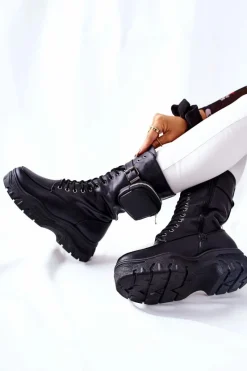 Hot Botki Na Platformie Z Nerką Czarne Issanti Damskie Botki Sznurowane|Czarne Botki