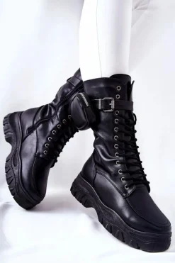 Hot Botki Na Platformie Z Nerką Czarne Issanti Damskie Botki Sznurowane|Czarne Botki