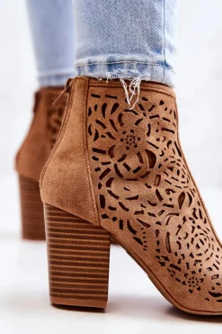 Outlet Boto Botki Na Słupku Ażurowe Camel Brittany