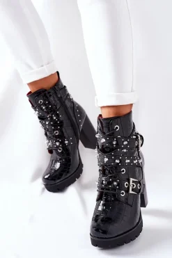 Outlet Boto Botki Na Słupku Czarne Lakierowane Krokodyl Wombridge