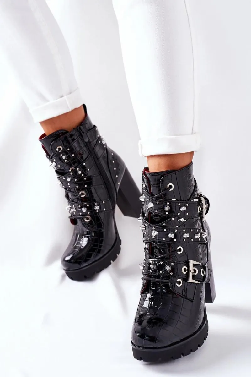 Outlet Boto Botki Na Słupku Czarne Lakierowane Krokodyl Wombridge