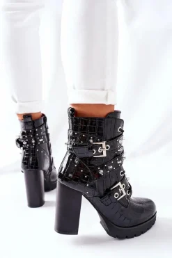 Outlet Boto Botki Na Słupku Czarne Lakierowane Krokodyl Wombridge