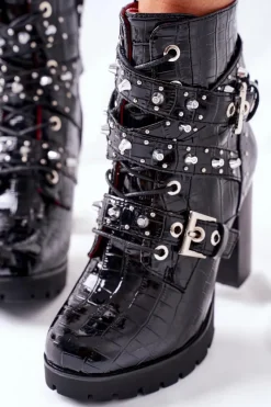 Outlet Boto Botki Na Słupku Czarne Lakierowane Krokodyl Wombridge