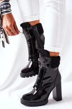 Botki Na Słupku Czarne Lakierowane Arleston Damskie Czarne Botki|Botki Zimowe Damskie