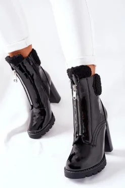 Botki Na Słupku Czarne Lakierowane Arleston Damskie Czarne Botki|Botki Zimowe Damskie