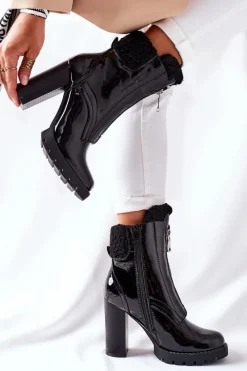 Botki Na Słupku Czarne Lakierowane Arleston Damskie Czarne Botki|Botki Zimowe Damskie