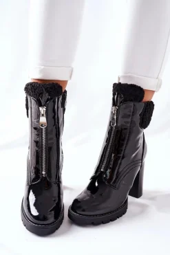Botki Na Słupku Czarne Lakierowane Arleston Damskie Czarne Botki|Botki Zimowe Damskie