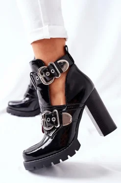 Botki Na Słupku Czarne Lakierowane Klamra Bramshall Damskie Botki Na Słupku|Czarne Botki