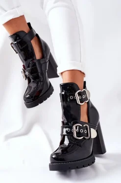 Botki Na Słupku Czarne Lakierowane Klamra Bramshall Damskie Botki Na Słupku|Czarne Botki