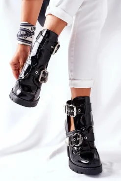 Botki Na Słupku Czarne Lakierowane Klamra Bramshall Damskie Botki Na Słupku|Czarne Botki