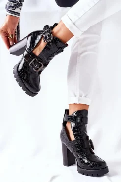 Botki Na Słupku|Czarne Botki></noscript>Boto Botki Na Słupku Czarne Lakierowane Klamra Krokodyl Bramshall