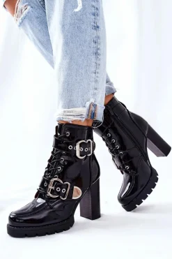 Clearance Botki Na Słupku Lakierowane Z Klamrą Czarne Flaris Damskie Botki Na Słupku|Czarne Botki