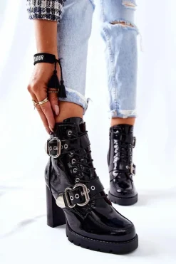 Clearance Botki Na Słupku Lakierowane Z Klamrą Czarne Flaris Damskie Botki Na Słupku|Czarne Botki