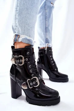 Clearance Botki Na Słupku Lakierowane Z Klamrą Czarne Flaris Damskie Botki Na Słupku|Czarne Botki