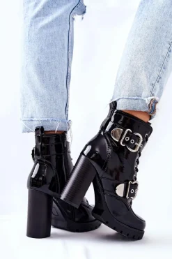 Clearance Botki Na Słupku Lakierowane Z Klamrą Czarne Flaris Damskie Botki Na Słupku|Czarne Botki