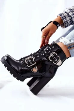 Clearance Botki Na Słupku Lakierowane Z Klamrą Czarne Flaris Damskie Botki Na Słupku|Czarne Botki