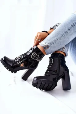 Clearance Botki Na Słupku Lakierowane Z Klamrą Czarne Flaris Damskie Botki Na Słupku|Czarne Botki