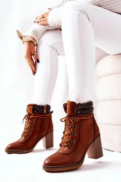 Clearance Botki Na Słupku Ocieplane Camel Charmmis Damskie Botki Sznurowane|Botki Na Słupku