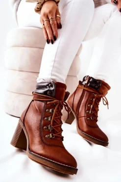 Clearance Botki Na Słupku Ocieplane Camel Charmmis Damskie Botki Sznurowane|Botki Na Słupku