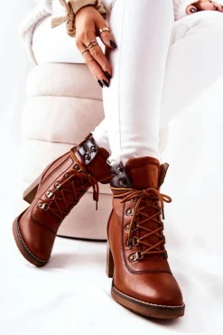 Clearance Botki Na Słupku Ocieplane Camel Charmmis Damskie Botki Sznurowane|Botki Na Słupku