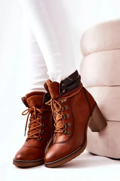 Clearance Botki Na Słupku Ocieplane Camel Charmmis Damskie Botki Sznurowane|Botki Na Słupku