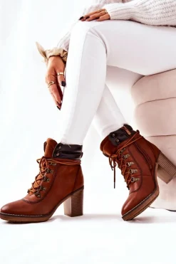 Clearance Botki Na Słupku Ocieplane Camel Charmmis Damskie Botki Sznurowane|Botki Na Słupku