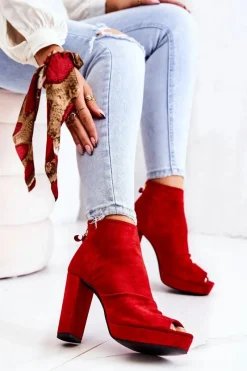 Sale Botki Na Słupku Odkryte Palce Czerwone Adore Damskie Botki Na Słupku|Czarne Botki