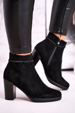 Outlet Botki Na Słupku Sergio Leone Zamszowe Czarne BT306 Damskie Botki Na Słupku|Czarne Botki