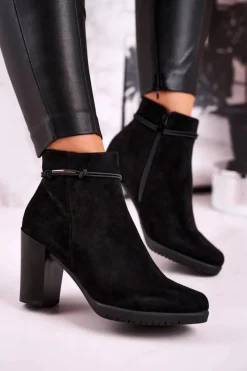 Outlet Botki Na Słupku Sergio Leone Zamszowe Czarne BT306 Damskie Botki Na Słupku|Czarne Botki