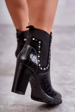 Hot Boto Botki Na Słupku Z Dżetami Wężowe Czarne Wissey