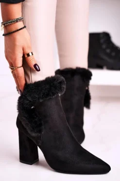 Best Botki Na Słupku Z Futerkiem Zamszowe Czarne Sophie Damskie Botki Na Słupku|Czarne Botki