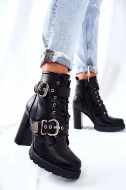 Botki Na Słupku|Czarne Botki>Boto Botki Na Słupku Z Klamrą Czarne Flaris