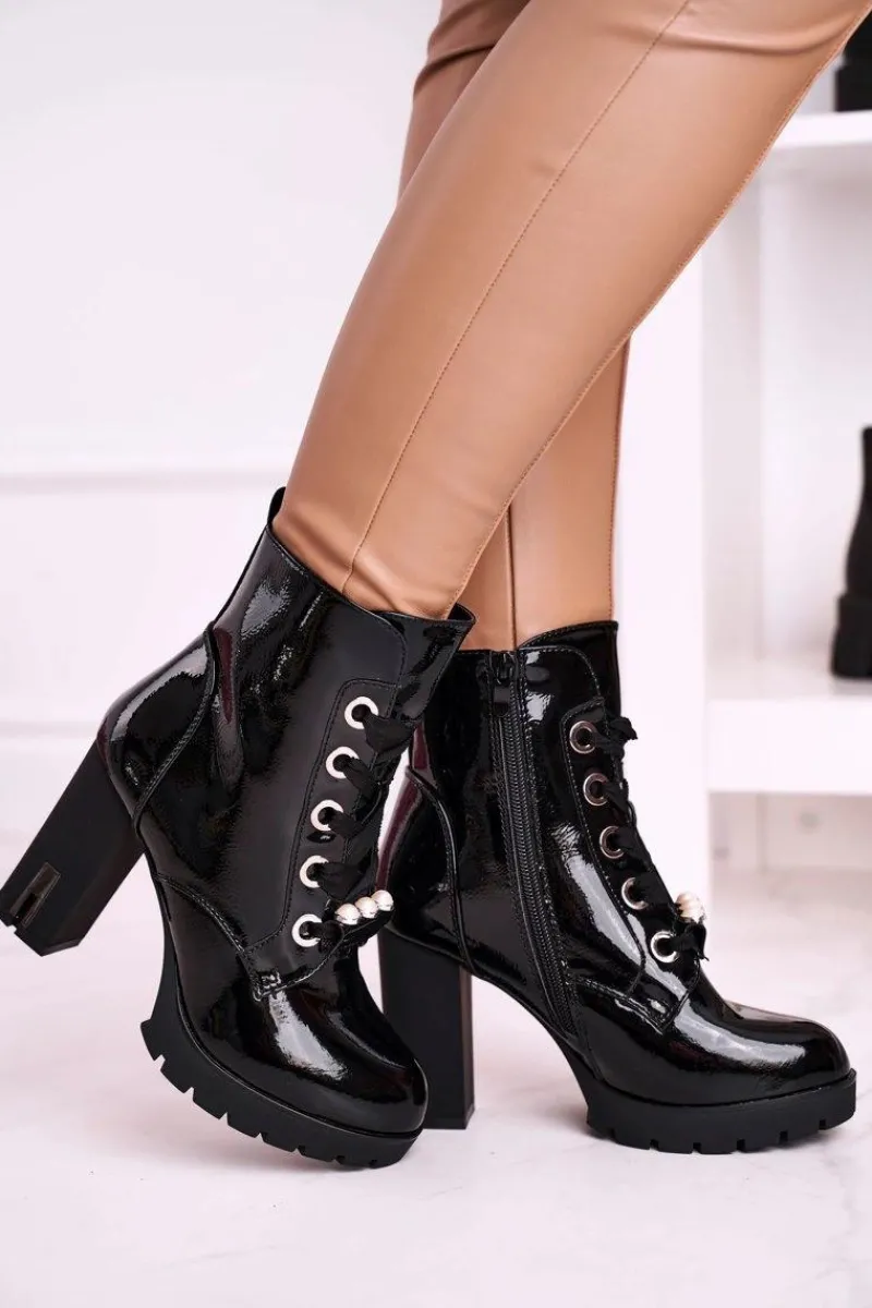 Clearance Boto Botki Na Słupku Z Perełkami Czarne Lakierowane Black Mirror