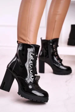 Clearance Boto Botki Na Słupku Z Perełkami Czarne Lakierowane Black Mirror