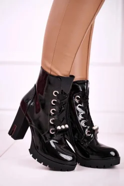 Clearance Boto Botki Na Słupku Z Perełkami Czarne Lakierowane Black Mirror