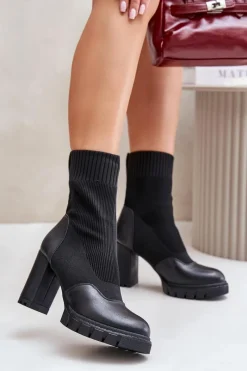Clearance Botki Na Słupku Ze Skarpetą Czarne Atansa Damskie Botki Na Słupku|Czarne Botki