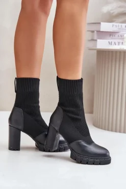 Clearance Botki Na Słupku Ze Skarpetą Czarne Atansa Damskie Botki Na Słupku|Czarne Botki
