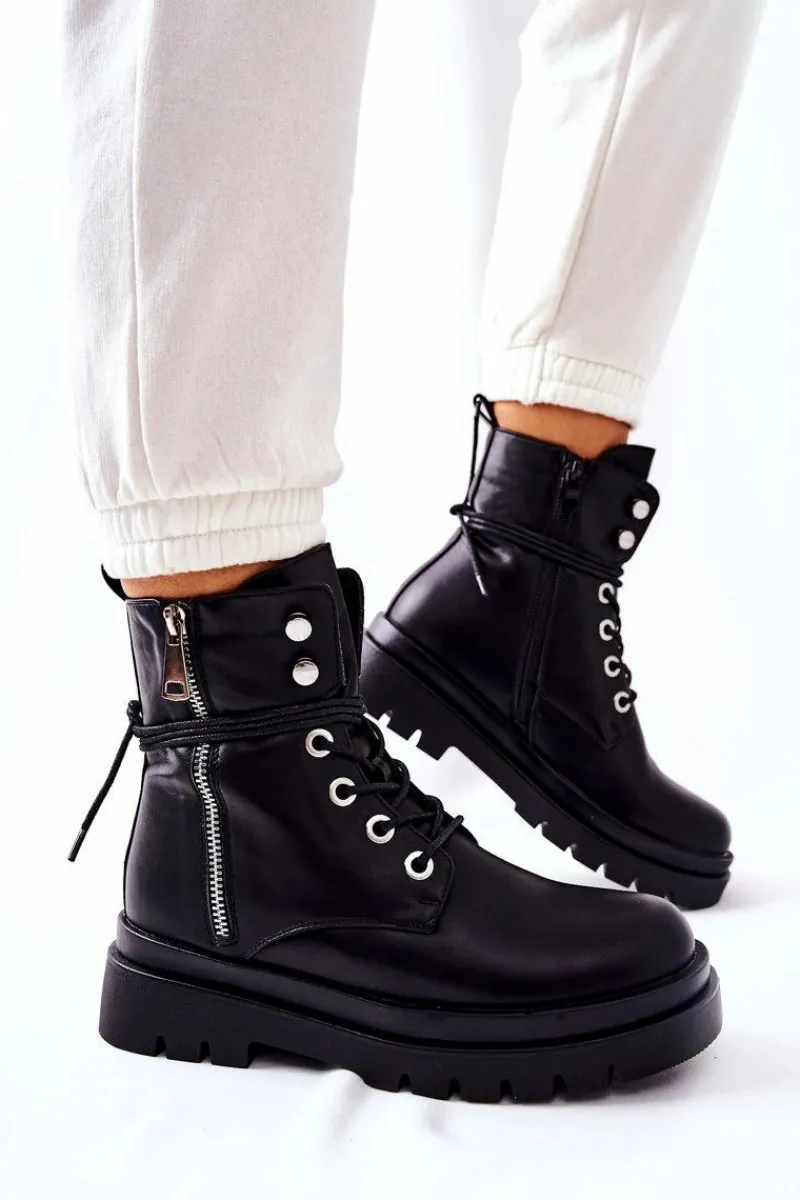 Outlet Boto Botki Na Suwak Z Wiązaniem Czarne Elissmo