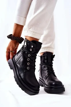 Outlet Boto Botki Na Suwak Z Wiązaniem Czarne Elissmo