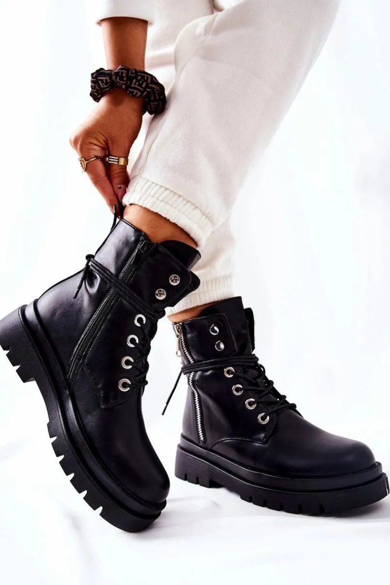 Outlet Boto Botki Na Suwak Z Wiązaniem Czarne Elissmo