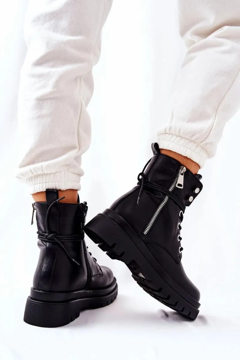 Outlet Boto Botki Na Suwak Z Wiązaniem Czarne Elissmo