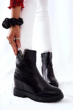 Outlet Botki Na Ukrytym Koturnie Z Emblematem Czarne Tivera Damskie Botki Na Koturnie|Czarne Botki