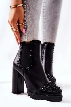 Clearance Boto Botki Na Wysokim Obcasie Z Dżetami Czarne Lisana