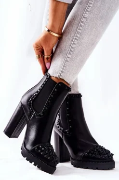 Clearance Boto Botki Na Wysokim Obcasie Z Dżetami Czarne Lisana