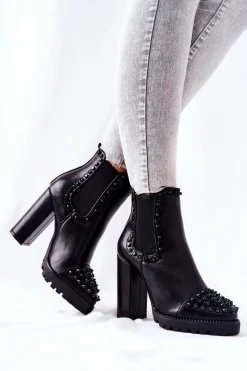 Clearance Boto Botki Na Wysokim Obcasie Z Dżetami Czarne Lisana