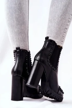 Clearance Boto Botki Na Wysokim Obcasie Z Dżetami Czarne Lisana